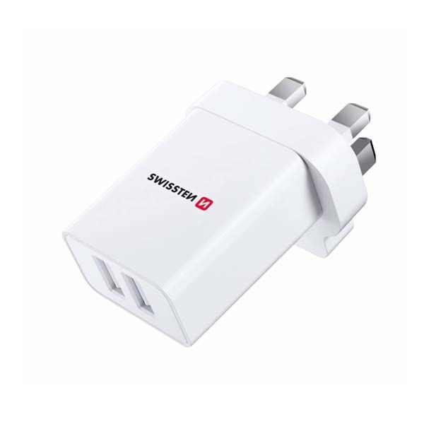 Hálózati adapter Swissten 2x USB 10,5W UK számára, fehér Hálózati adapter Swissten 2x USB 10,5W UK számára, fehér