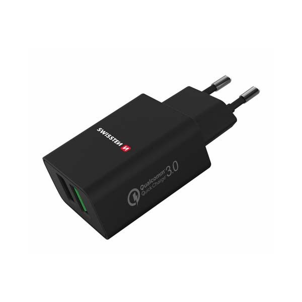 Hálózati adapter Swissten 2x USB QC 3.0 + USB, 23W, fekete Hálózati adapter Swissten 2x USB QC 3.0 + USB, 23W, fekete