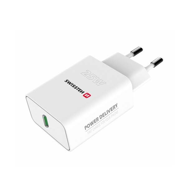 Hálózati adapter Swissten iPhone és Samsung számára PD, 25W, fehér Hálózati adapter Swissten iPhone és Samsung számára PD, 25W, fehér