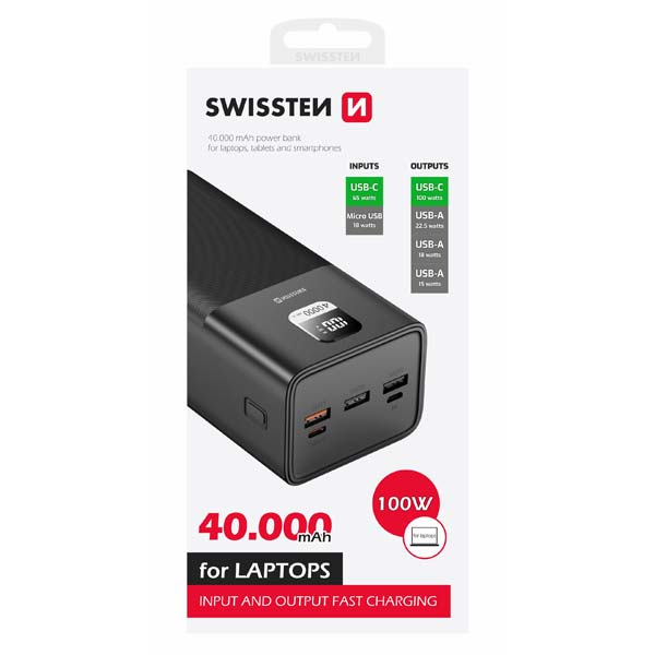 Swissten Power Line Powerbank 40000 mAh 100W, PD, fekete