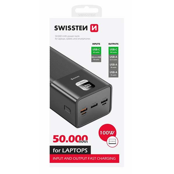 Swissten Power Line Powerbank 50000 mAh 100W, PD, fekete