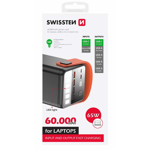 Swissten Power Line Powerbank 60000 mAh 65W, PD, fekete