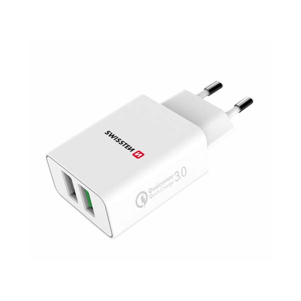 Hálózati adapter Swissten 2x USB QC 3.0 + USB, 23W, fehér