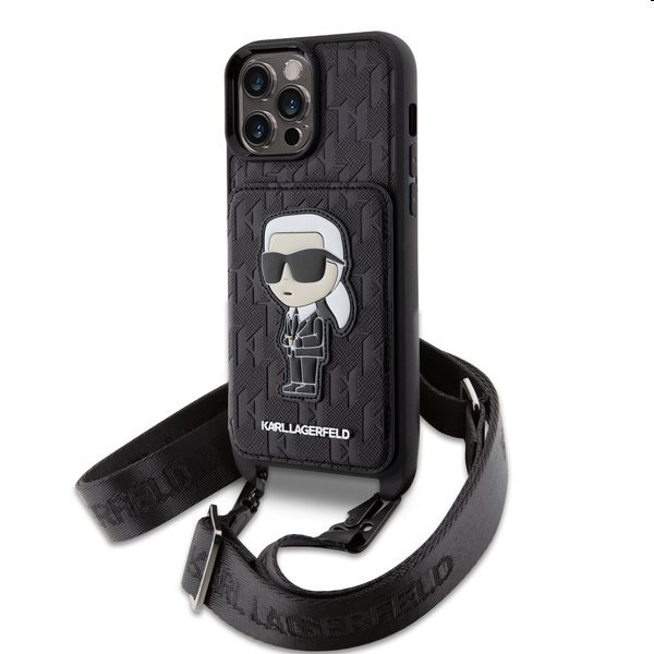 Karl Lagerfeld Saffiano Monogram Crossbody Ikonik NFT tok iPhone 14 Pro számára, fekete