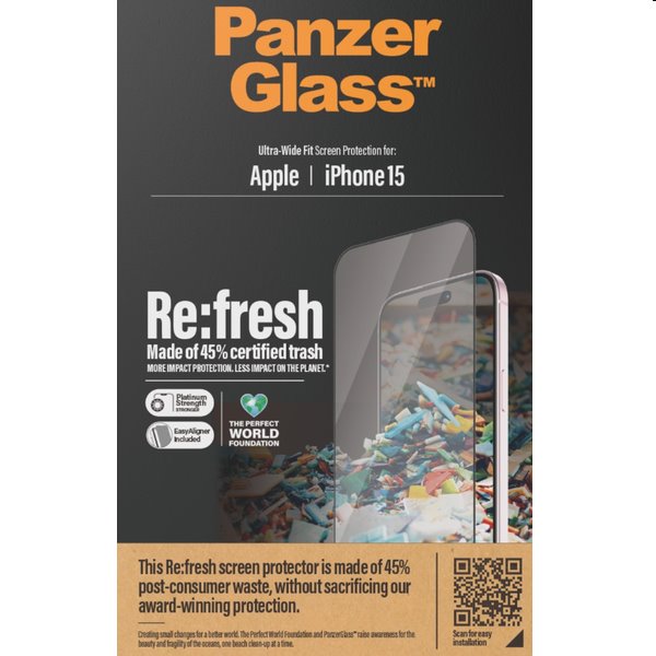 PanzerGlass Re:fresh UWF védőüveg applikátorral Apple iPhone 15 számára, fekete