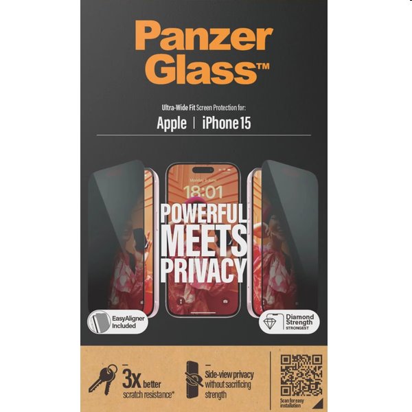 PanzerGlass UWF Privacy védőüveg applikátorral Apple iPhone 15 számára, fekete