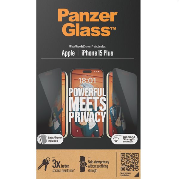 PanzerGlass UWF Privacy védőüveg applikátorral Apple iPhone 15 Plus számára, fekete