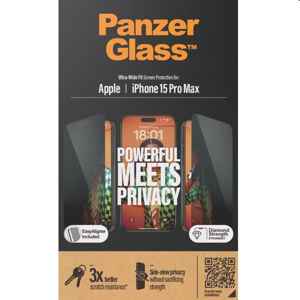 PanzerGlass UWF Privacy védőüveg applikátorral Apple iPhone 15 Pro Max számára, fekete