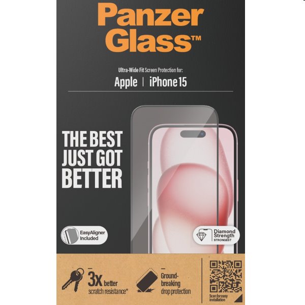 PanzerGlass UWF védőüveg applikátorral Apple iPhone 15 számára, fekete