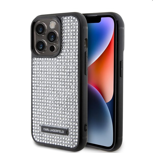 Karl Lagerfeld Rhinestone Plate Metal Logo tok Apple iPhone 15 Pro Max számára, ezüst