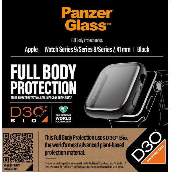 Full Body D3O PanzerGlass edzett üveg Apple Watch 9/8/7 41 mm számára, fekete
