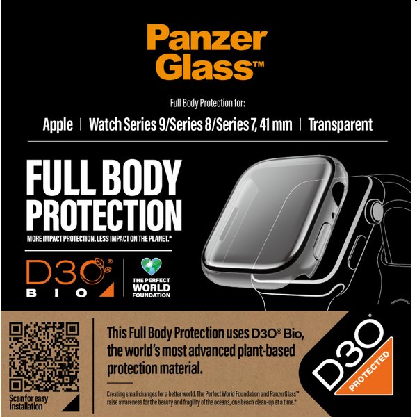 Full Body D3O PanzerGlass edzett üveg Apple Watch 9/8/7 41 mm számára, clear