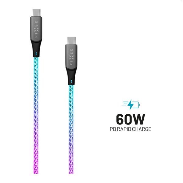 FIXED LED Töltőkábel USB-C/USB-C, PD, 1,2 m, 60 W, szivárványos