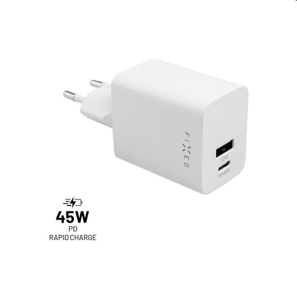 FIXED Mini Hálózati töltő USB-C/USB, 45W, fehér