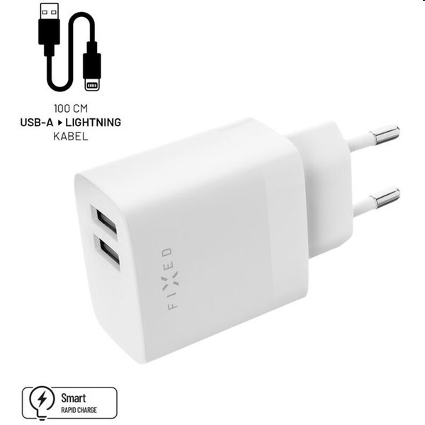 FIXED Set Hálózati töltő 2xUSB a kábel USB/Lightning 1m MFI, 17W Okos gyorstöltés, fehér