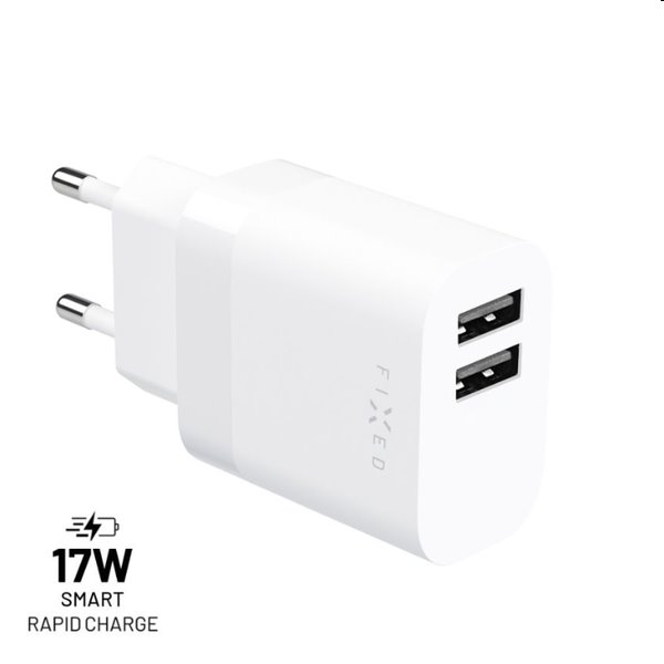 FIXED Hálózati töltő 2xUSB Okos gyorstöltés, 17W, fehér