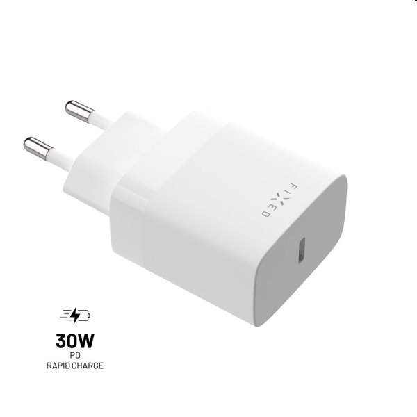 FIXED Hálózati töltő USB-C, PD, 30W, fehér