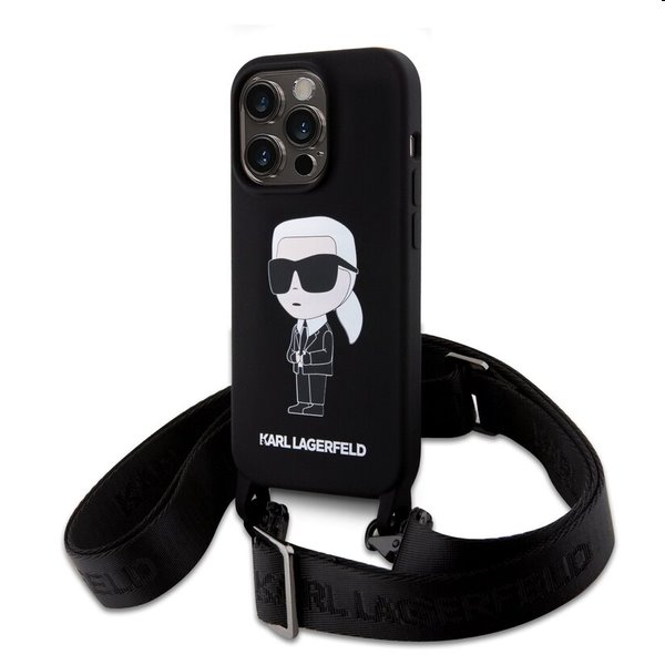 Karl Lagerfeld Liquid Silicone Crossbody Ikonik Apple iPhone 15 Pro Max számára, fekete