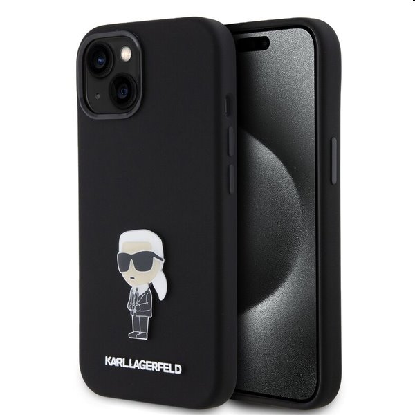 Karl Lagerfeld Liquid Silicone Metal Ikonik hátlapi tok Apple iPhone 15 számára, fekete