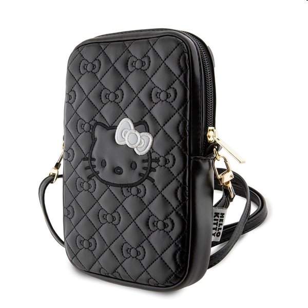 Hello Kitty PU Leather Quilted Pattern Kitty Head Logo Phone Bag, fekete