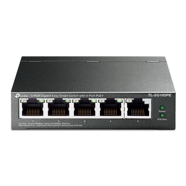 tp-link TL-SG105PE, 5-Port Gigabit Easy Smart Switch with 4-Port PoE+, 4× Gigabit PoE+ Ports, 1× Gigabit Non-PoE Ports