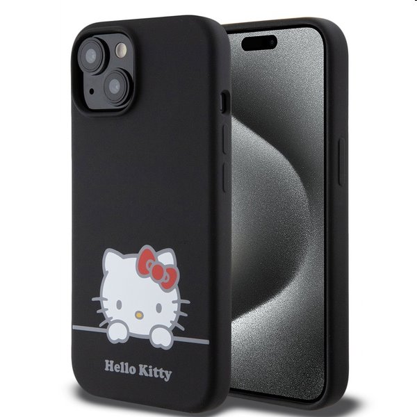 Hello Kitty Liquid Silicone Daydreaming Logo hátlapi tok Apple iPhone 15 számára, fekete