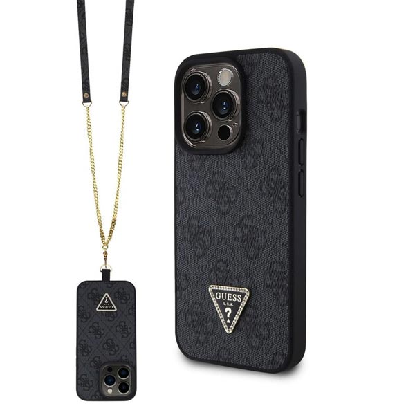 Guess PU 4G Strass Triangle Metal Logo Hátlapi tok + Crossbody pánt iPhone 15 Pro számára, fekete