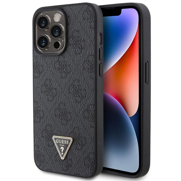 Guess PU 4G Strass Triangle Metal Logo Hátlapi tok iPhone 15 Pro számára, fekete