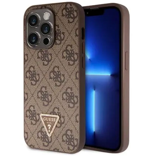 Guess PU 4G Strass Triangle Metal Logo Hátlapi tok iPhone 15 Pro számára, barna