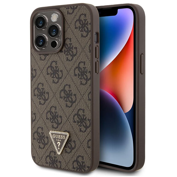 Guess PU 4G Strass Triangle Metal Logo Hátlapi tok iPhone 15 Pro Max számára, barna