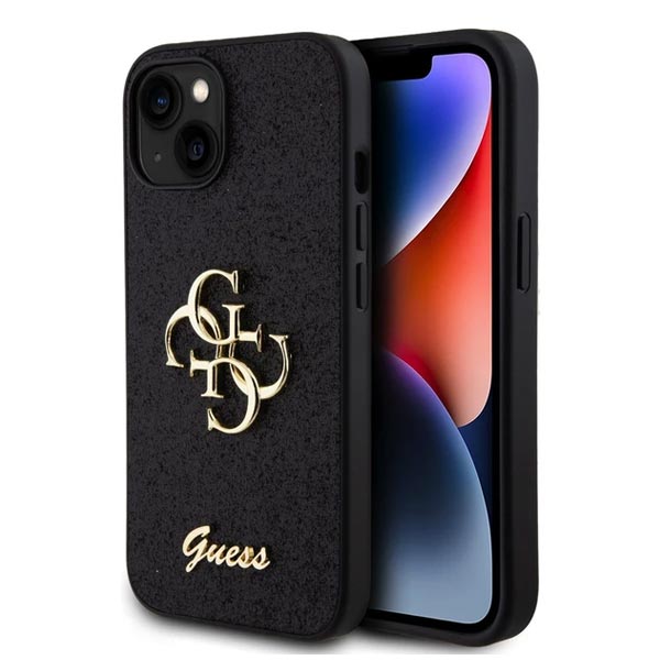 Guess PU Fixed Glitter 4G Metal Logo Hátlapi tok iPhone 15 számára, fekete