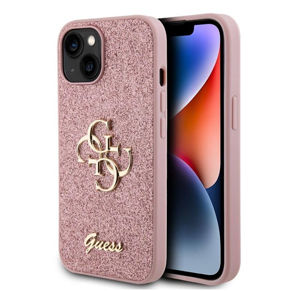 Guess PU Fixed Glitter 4G Metal Logo Hátlapi tok iPhone 15 számára, rózsaszín