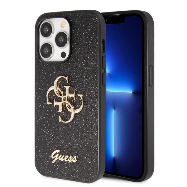 Guess PU Fixed Glitter 4G Metal Logo Hátlapi tok iPhone 15 Pro Max számára, fekete