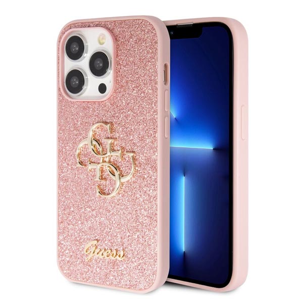 Guess PU Fixed Glitter 4G Metal Logo Hátlapi tok iPhone 15 Pro számára, rózsaszín