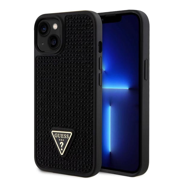Guess Rhinestones Triangle Metal Logo Tok iPhone 15 Plus számára, fekete