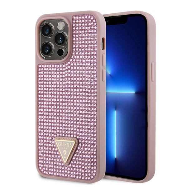 Guess Rhinestones Triangle Metal Logo Tok iPhone 15 Pro számára, rózsaszín