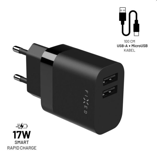 FIXED Set Hálózati töltő 2xUSB kimenettel és USB/micro USB kábellel, 1 m, 17W, Smart Rapid Charge, fekete