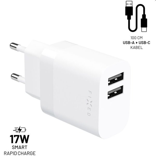 FIXED Set Hálózati töltő 2xUSB kimenettel és USB/USB-C kábellel, 1 m, 17W, Smart Rapid Charge, fehér