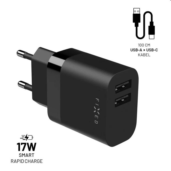 FIXED Set Hálózati töltő 2xUSB kimenettel és USB/USB-C kábellel, 1 m, 17W, Smart Rapid Charge, fekete