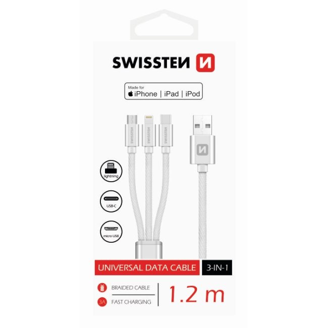 Adatkábel Swissten textil 3 in 1, 1,2 m, Lightning, 2 x USB-C, fekete