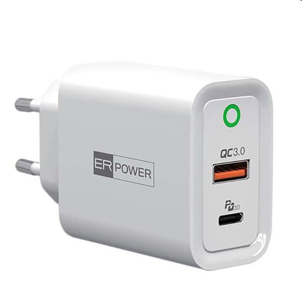 ER POWER Travel Charger with USB-C/USB-A EU, PD, QC, fehér - OPENBOX (Bontott csomagolás, teljes garancia)