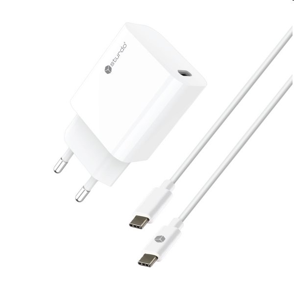 Sturdo Hálózati töltő 3A, PD, 20W, USB QC + töltőkábel USB-C/USB-C 1m, fehér