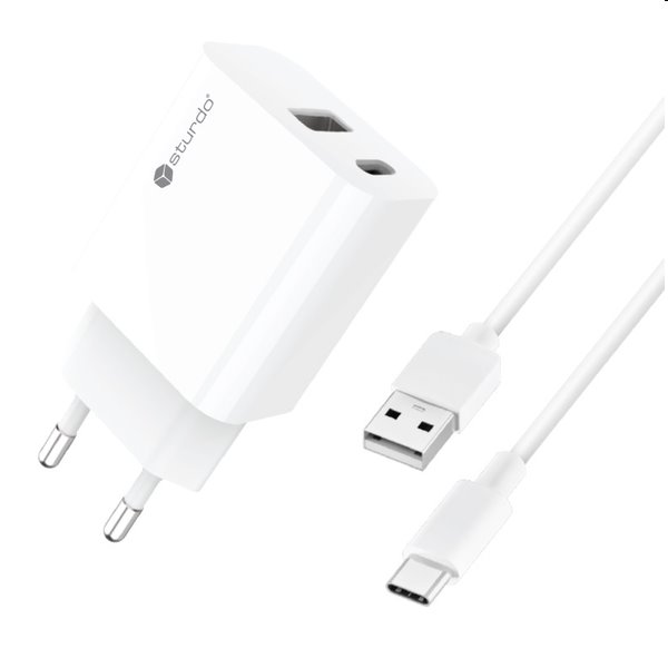 Sturdo Hálózati töltő 3A, PD, 20W, USB QC + töltőkábel USB/USB-C, fehér