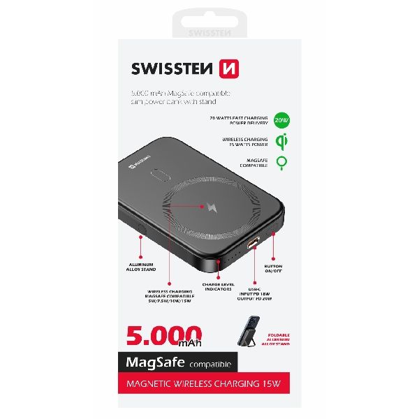Swissten Powerbank 20 W 5000 mAh (MagSafe kompatibilis), PD, fekete Swissten Powerbank 20 W 5000 mAh (MagSafe kompatibilis), PD, fekete