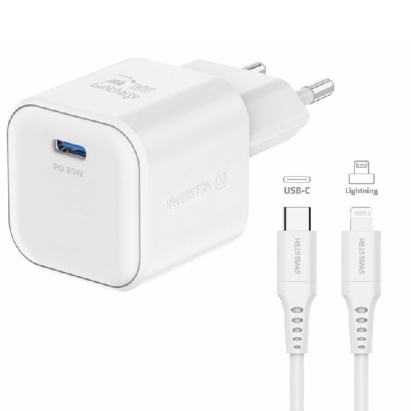 SWISTEN hálózati adapter 1x USB-C 35 W PD, fehér + adatkábel USB-C/lightning 1,2 m, fehér SWISTEN hálózati adapter 1x USB-C 35 W PD, fehér + adatkábel USB-C/lightning 1,2 m, fehér