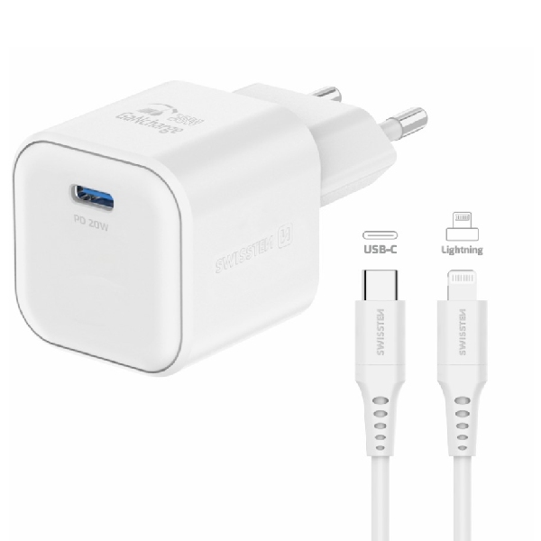 SWISSTEN GaN network adapter 1x USB-C 20 W PD, white + Data cable USB-C/Lighting 1,2 m, white, kiállított, 21 hónap garancia