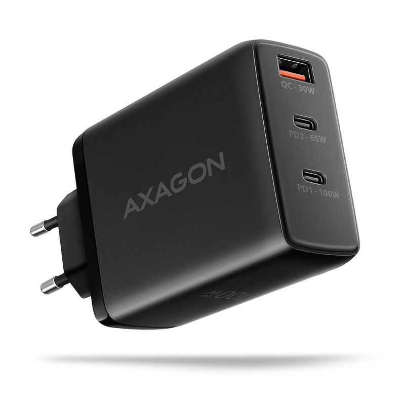 AXAGON ACU-DPQ100, GaN Hálózati töltő 100W, 3x port (USB-A + dual USB-C), PD3.0/PPS/QC4+/Apple, fekete akciós termékkép 1