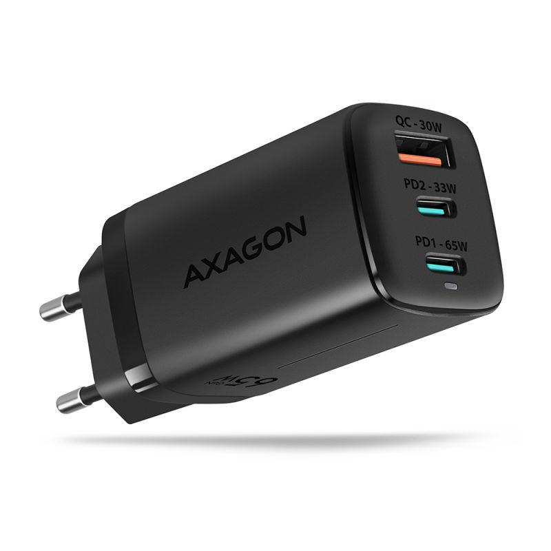 AXAGON ACU-DPQ65, GaN Hálózati töltő 65W, 3x port (USB-A + dual USB-C), PD3.0/QC4+/PPS/Apple, fekete akciós termékkép 1