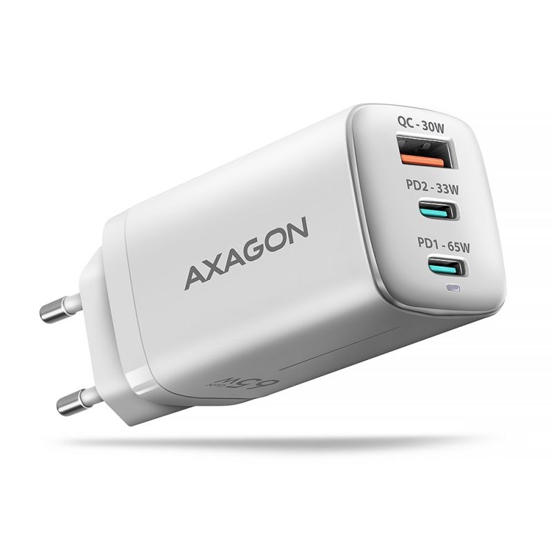 AXAGON ACU-DPQ65W, GaN Hálózati töltő 65W, 3x port (USB-A + dual USB-C), PD3.0/QC4+/PPS/Apple, fehér akciós termékkép 1