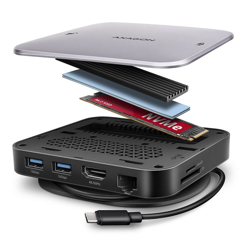 AXAGON HMC-UFO, USB 10Gbps hub, 2x USB-A, USB-C, HDMI 4k/60, RJ-45, M.2 slot, SD/mSD, audio, PD 100W, kábel USB-C 65cm akciós termékkép 1